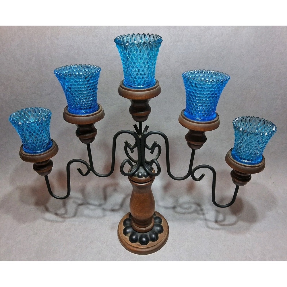 VTG Homco 5 Arm Metal Wood Candelabra With Teal Glass Votive Cups